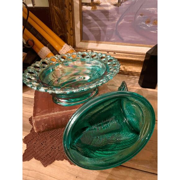 Large Teal Carnival Glass Turkey on Nest Dish – Lace Edge Trinket Box – Mosser G - Picture 7 of 7